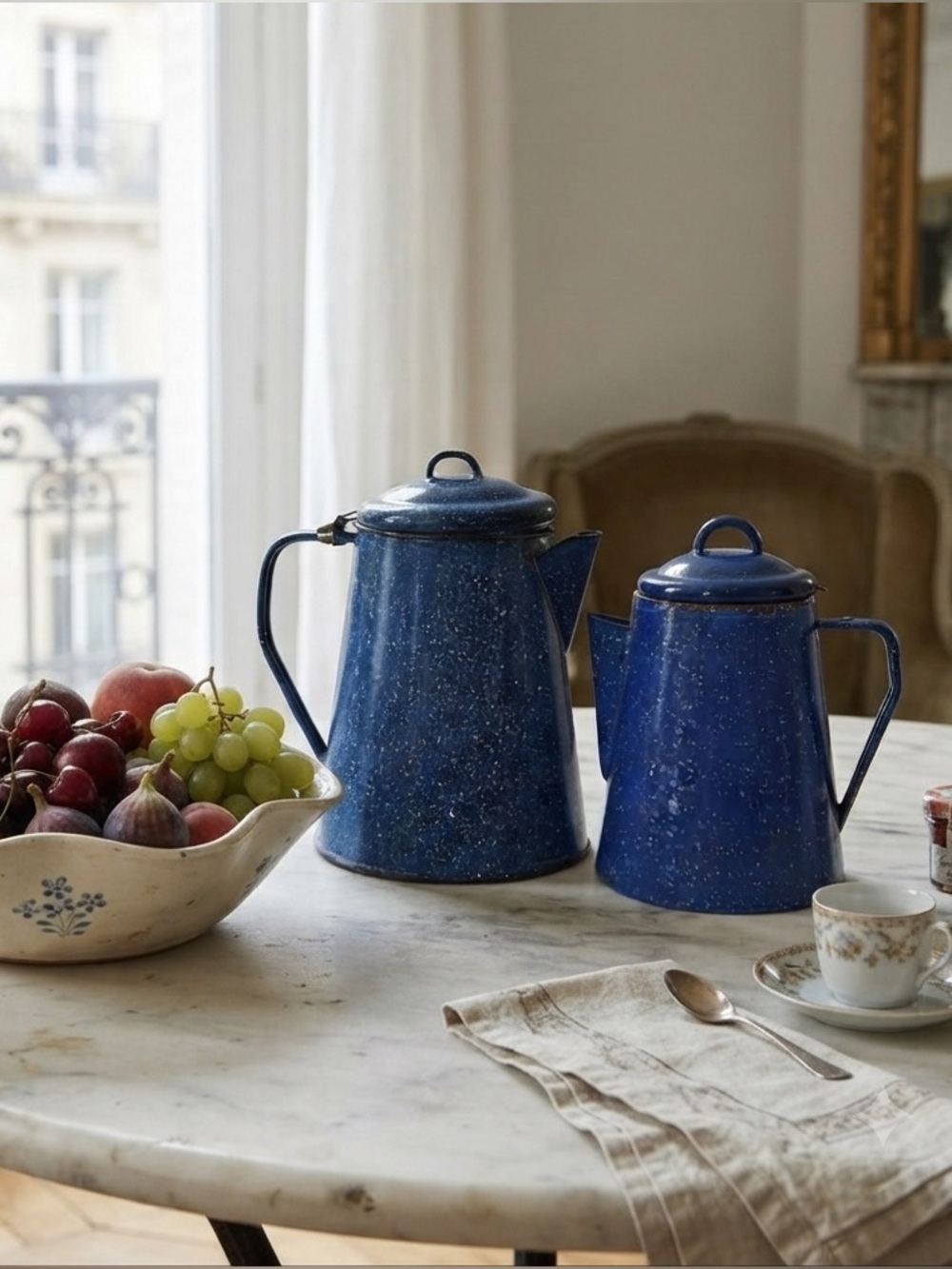 Vintage Cobalt Blue White Enamel Graniteware Camp Coffee Pot Percolator Bundle